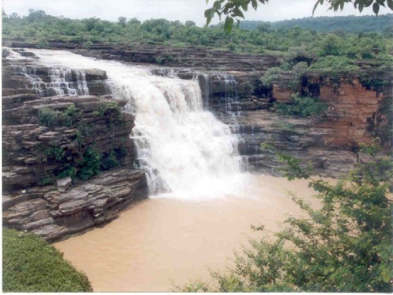 Karkatgarh Waterfall on the Karmanasa river spreading wide over rock in the Kaimur hills