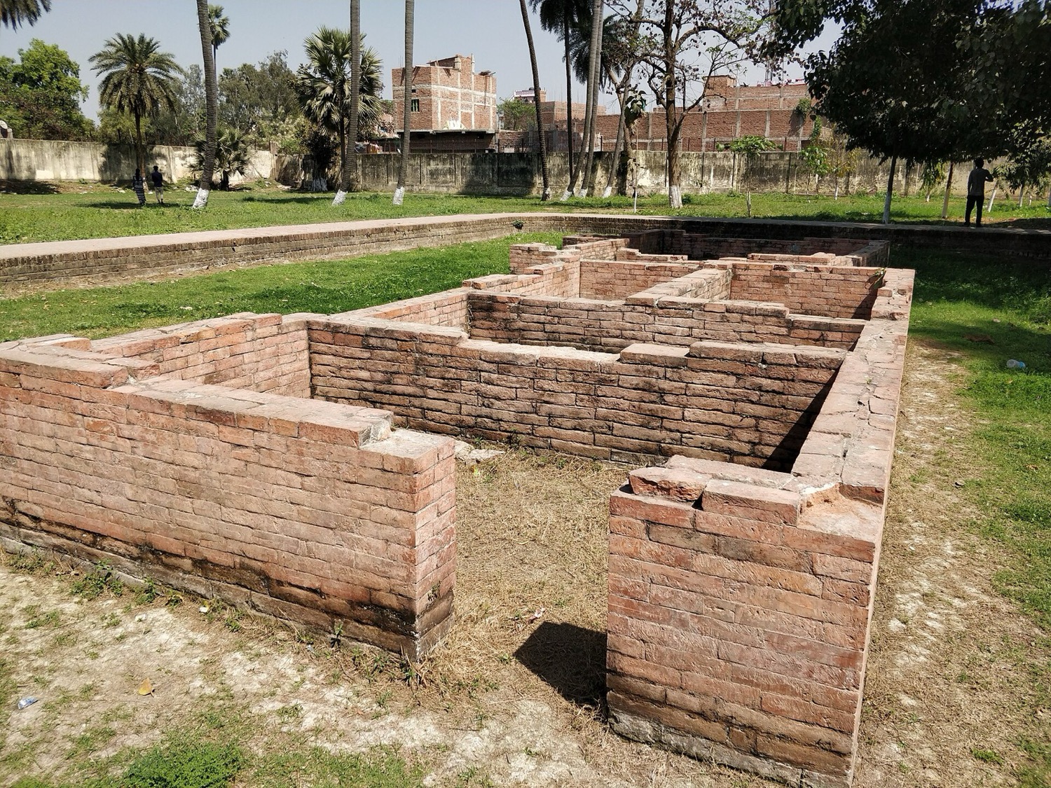 The excavated Mauryan pillared hall site at Kumhrar, Patna