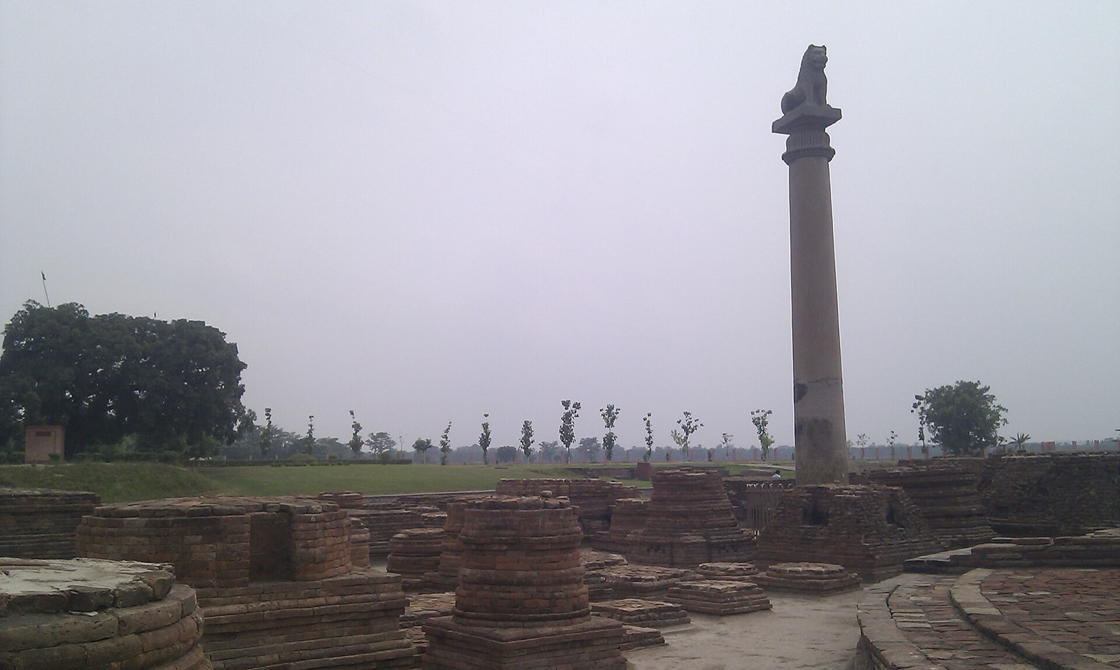 Ashokan lion pillar standing beside the ancient Coronation Tank at Vaishali