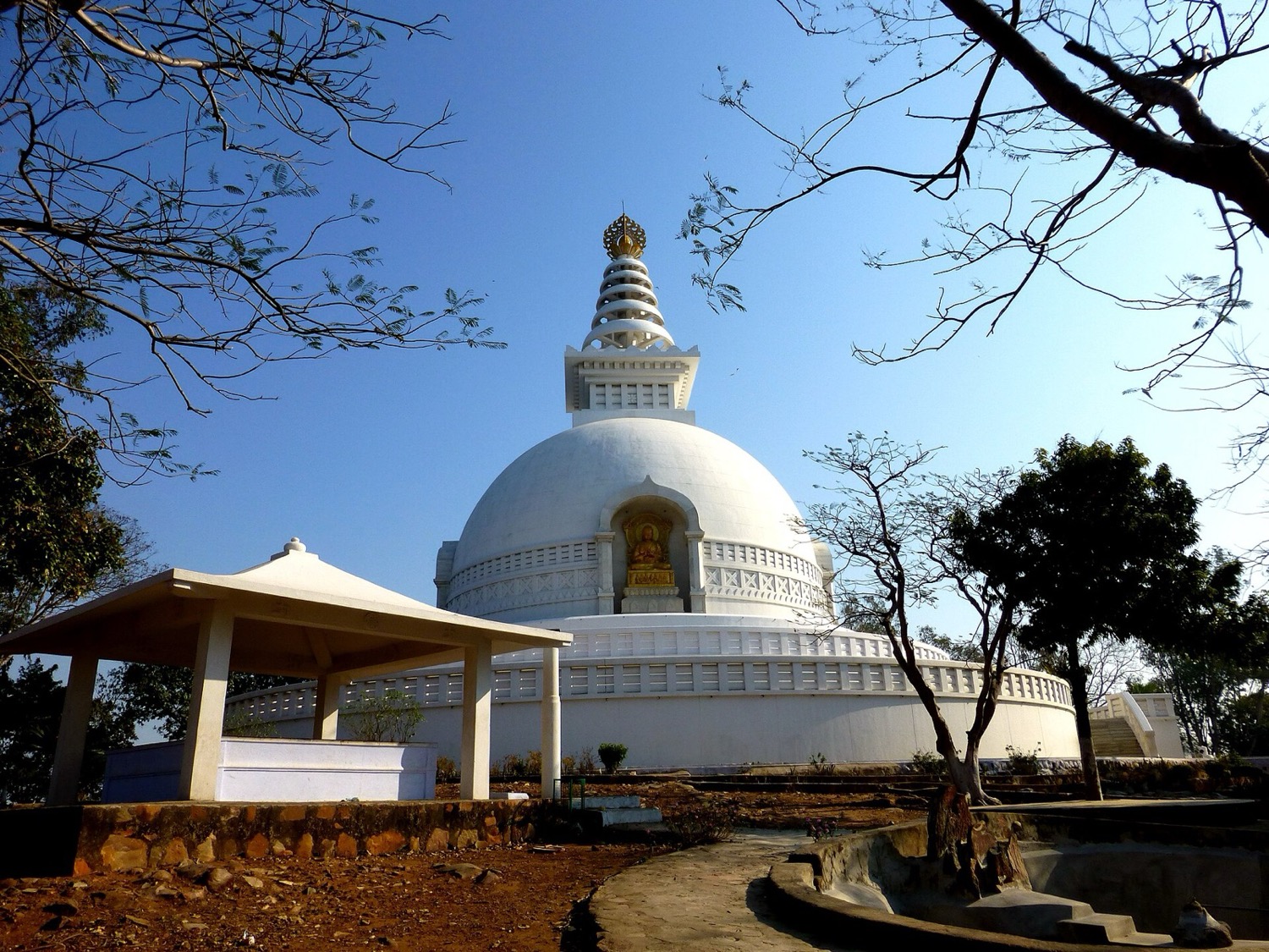 White marble Vishwa Shanti Stupa atop Ratnagiri Hill in Rajgir